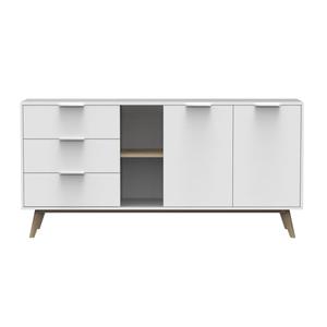 BLAJK - Buffet 165cm 2 Portes 3 Tiroirs Scandinave MDF et Pin Massif Naturel et Blanc