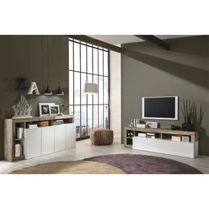 ARTURO - Ensemble Buffet 4P + Meubles TV Blanc Laqué Niches Aspect Bois Antik