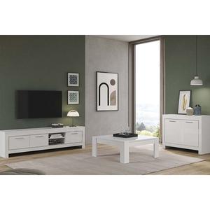 DENAE - Ensemble Salon Laqué Blanc Brillant Meuble TV + Buffet 2 Portes + Table Basse Carrée