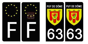 Set de 4 stickers NOIR pour plaque d'immatriculation, 63 PUY DE DÔME