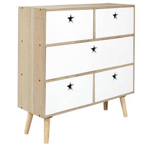 STARLY - Commode 5 Tiroirs Blanc et Bois Poignées Ajourées Etoiles