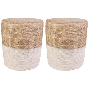 ESTANY - Lot de 2 Poufs Ronds Tressés Naturel et Beige