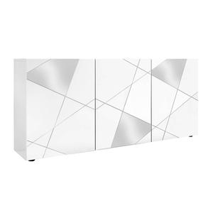 ORIANA - Buffet 3 Portes Finition Blanc Laqué Weiss avec Sérigraphies et Miroirs