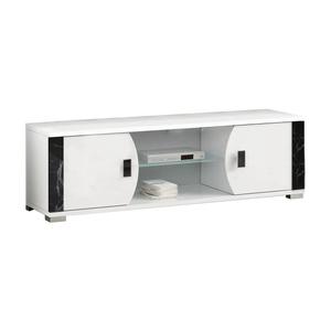 ARIANE - Meuble TV 2 Portes et 2 Niches Blanc avec Décor Latéral Aspect Marbre Noir