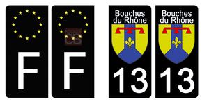 Set de 4 stickers NOIR pour plaque d'immatriculation, 13 BOUCHE DU RHÔNE