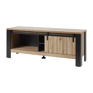 CLODIUS - Meuble TV 1 Porte Coulissante 2 Niches Métal et Aspect Bois Finition Scarlet