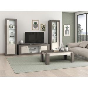 GONDOR - Pack Salon Meuble TV + Table Basse + 2 Vitrines Led Décor Bois Gris et Beige