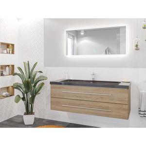 Damo décor chêne avec simple vasque en granit India Black 130cm & miroir à LED