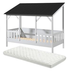 LAKA - Lit Maison 90x200cm Blanc et Noir + Sommier + Matelas