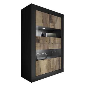 OTELLO - Vitrine 4 Portes Finition Noir Mat et Aspect Bois Antik avec Leds