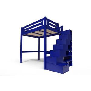 Lit Mezzanine adulte bois + escalier cube hauteur réglable Alpage 140x200 Bleu foncé