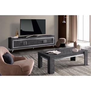 GUEDA - Ensemble Salon Effet Marbre Anthracite Meuble TV 4 Portes + Table Basse