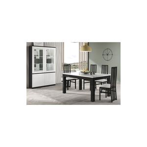 DEYTON - Ensemble Séjour Laqué Noir et Blanc Table 190cm + Vitrine avec Leds