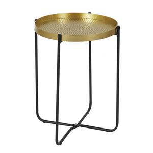 SYMBA - Table d'Appoint D35cm Plateau en Métal Doré Martelé Pieds en Métal Noir