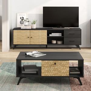 GADDI - Pack Salon Meuble TV 181cm + Table Basse Effet Bois Noir et Bambou Tressé