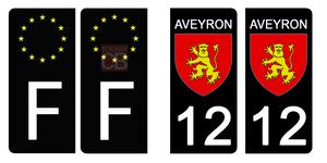 Set de 4 stickers NOIR pour plaque d'immatriculation, 12 AVEYRON