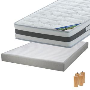 SEYCHELLES - Pack Matelas 160x200 + Sommier Tapissier Démontable 2x20 Lattes Lin + Pieds Bois 15cm