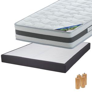 SEYCHELLES - Pack Matelas 140x190 + Sommier Tapissier Démontable 2x20 Lattes Anthracites + Pieds Bois 15cm