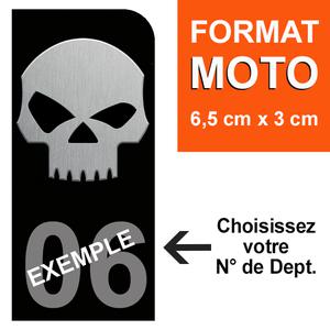 1 sticker pour plaque d'immatriculation MOTO, Bleu ou Noir, SKULL, avec votre N° de département