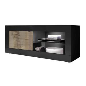 OTELLO - Meuble TV 1 Portes 2 Niches Noir Mat et Aspect Bois Antik avec Leds