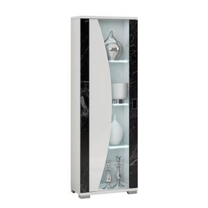 ARIANE - Vitrine 1 Porte Blanc Eclairage Led intégré avec Décor Latéral Aspect Marbre Noir