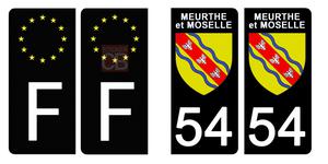 Set de 4 stickers NOIR pour plaque d'immatriculation, 54 MEURTHE ET MOSELLE