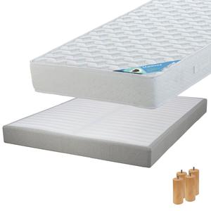 MALDIVES - Pack Matelas 140x190 + Sommier Tapissier Démontable 2x20 Lattes Lin + Pieds Bois 15cm