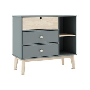 KAINA - Commode 3 Tiroirs 2 Niches MDF et Pin Coloris Gris Vert et Naturel