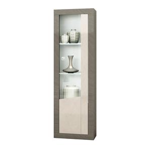 GONDOR - Vitrine 1 Porte Gauche Décor Bois Gris Veiné et Beige avec Leds